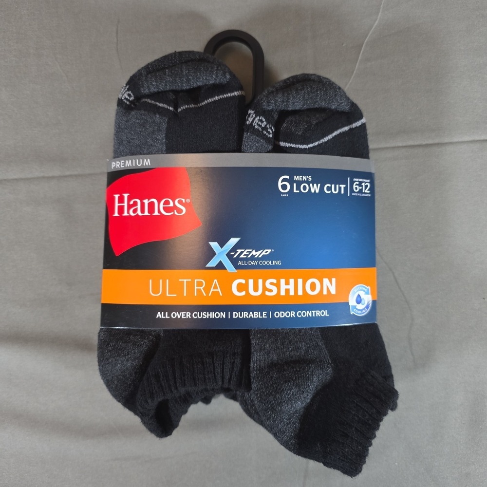 Hanes Premium‎ X-Temp Ultra Cushion Socks 6-12 Men's - Black, Pack of 6 Low Cut
